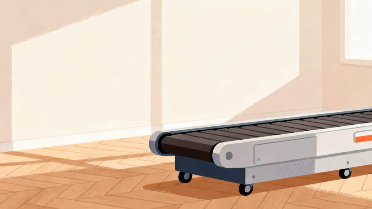 Un tapis roulant vu de trois quarts arrière, châssis et rouleaux apparents.