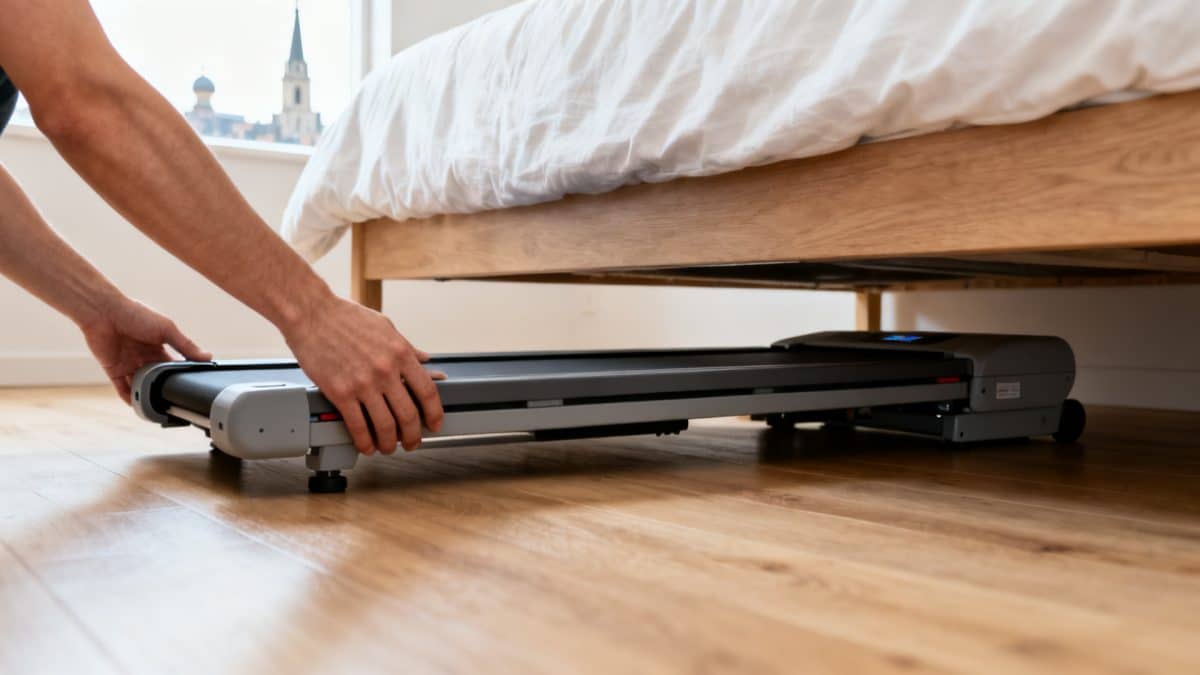 Un tapis de marche replié à plat, glissé sous un lit à deux mains.