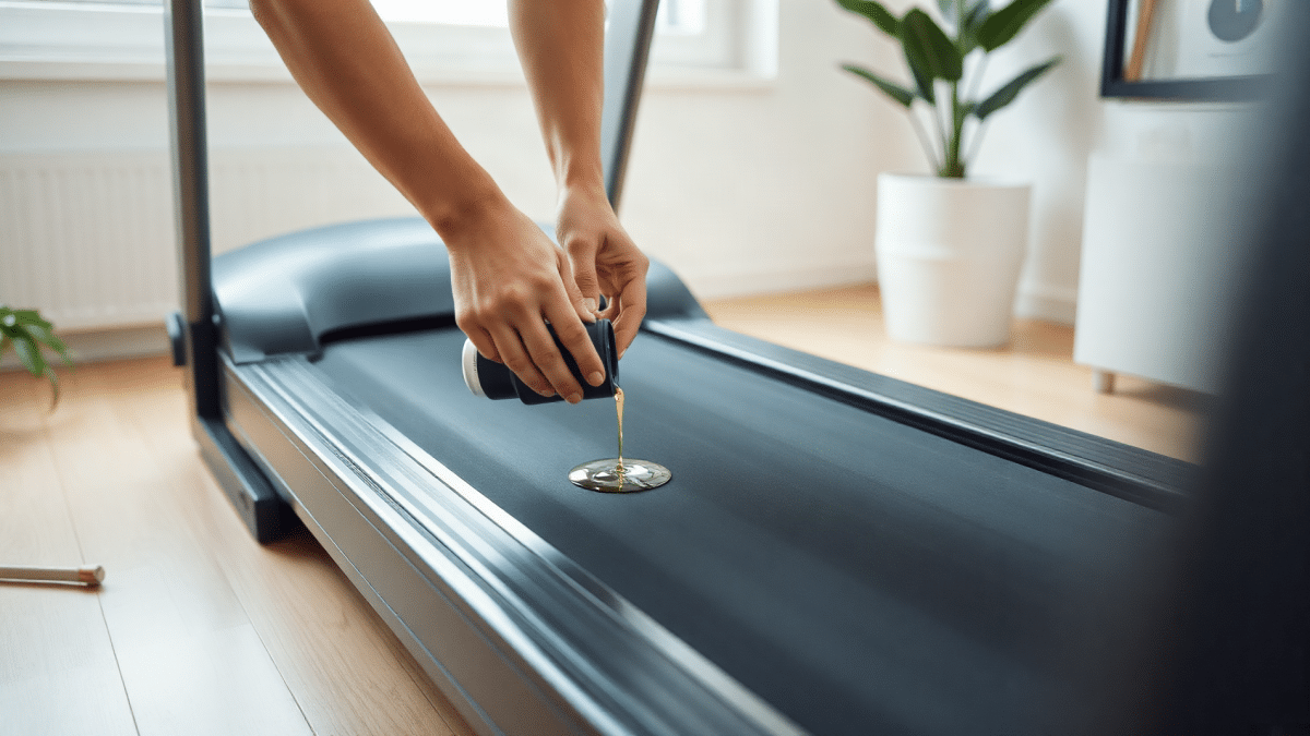 Deux mains soulevant la sangle d'un tapis roulant pour verser de l'huile sur le plateau.