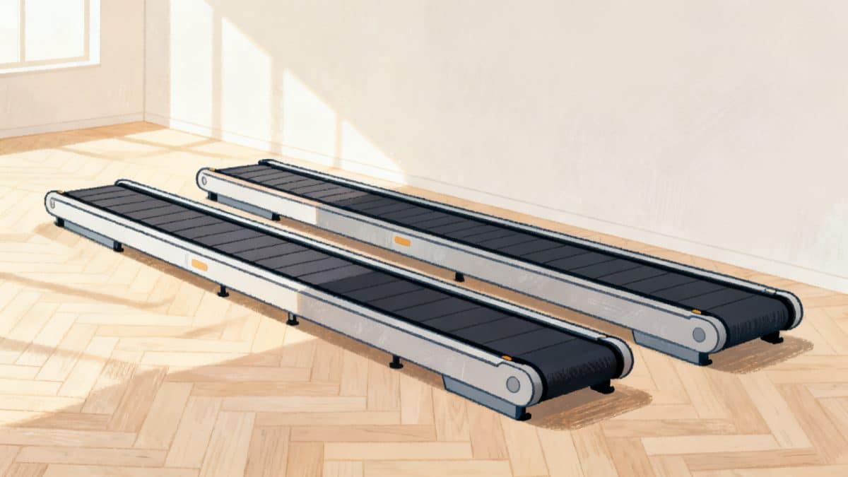 Trois tapis roulants d'intérieur de tailles différentes, alignés dans une pièce claire.