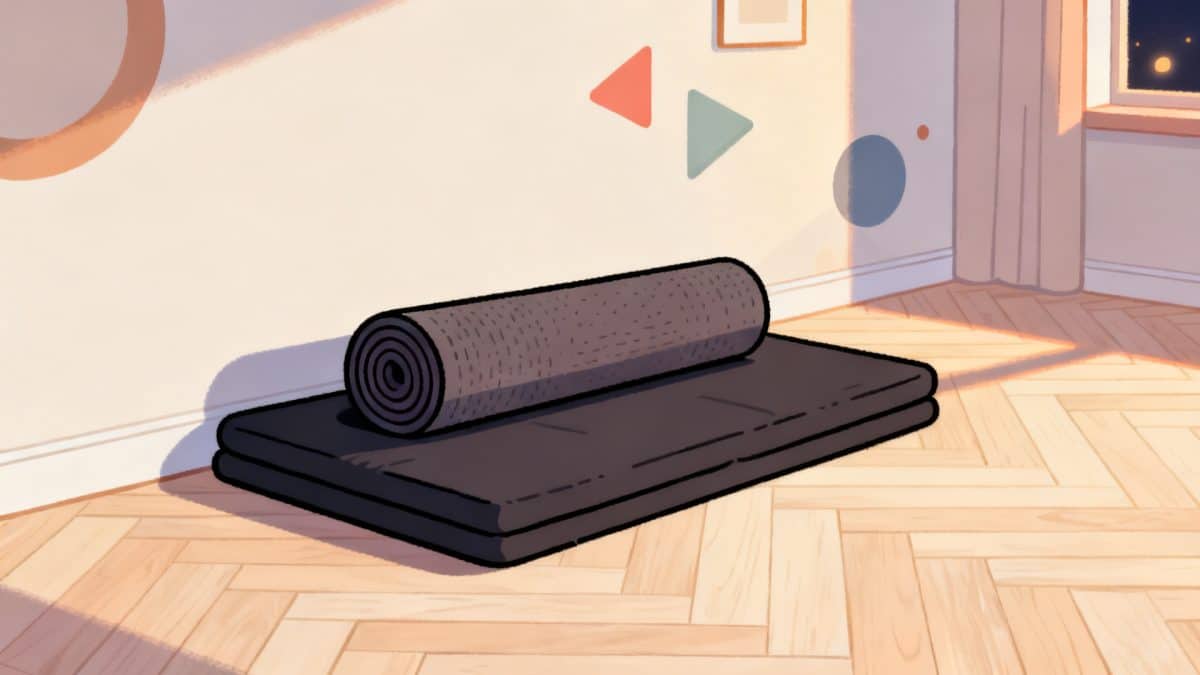 Un tapis roulant posé sur un tapis d'amortissement, contre un mur.