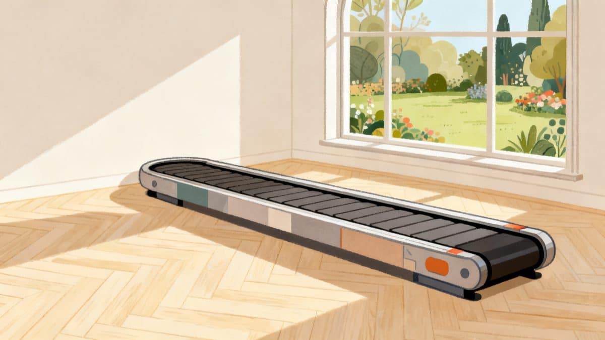 Un tapis roulant près d'une baie vitrée, dans une pièce claire.