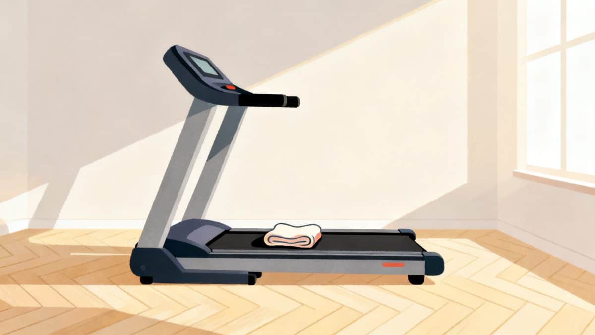 Un tapis roulant légèrement incliné, une serviette posée sur la main courante.